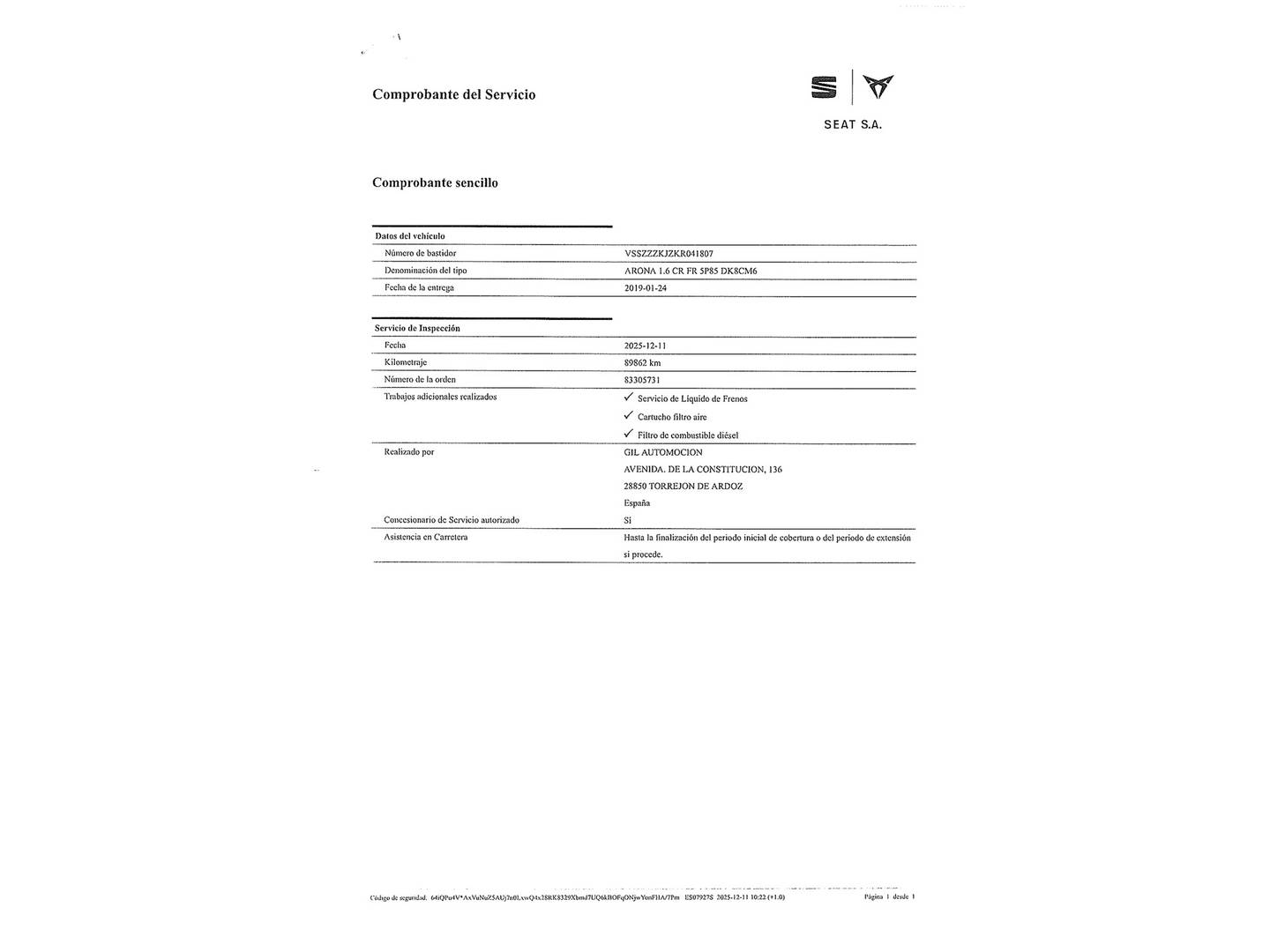 Foto del mantenimiento del Seat Arona Seat Arona 1.6 TDI Ecomotive FR (115 CV)