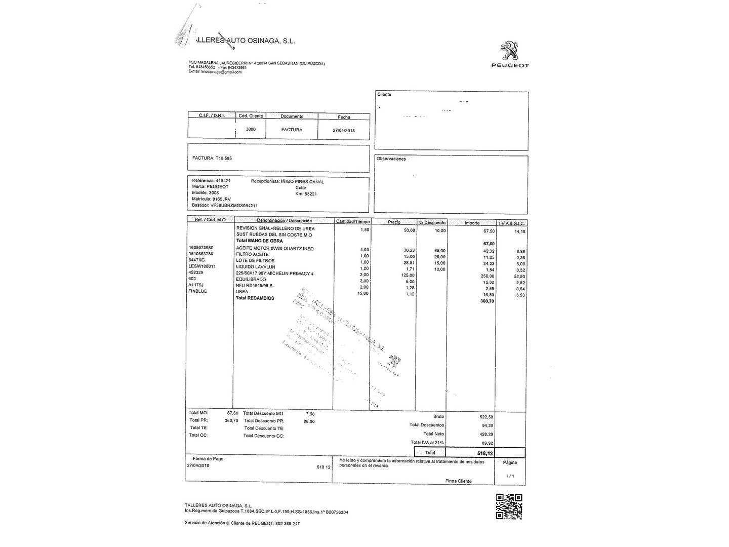 Foto del mantenimiento del Peugeot 3008 Peugeot 3008 1.6 BlueHDI FAP Style (120 CV)