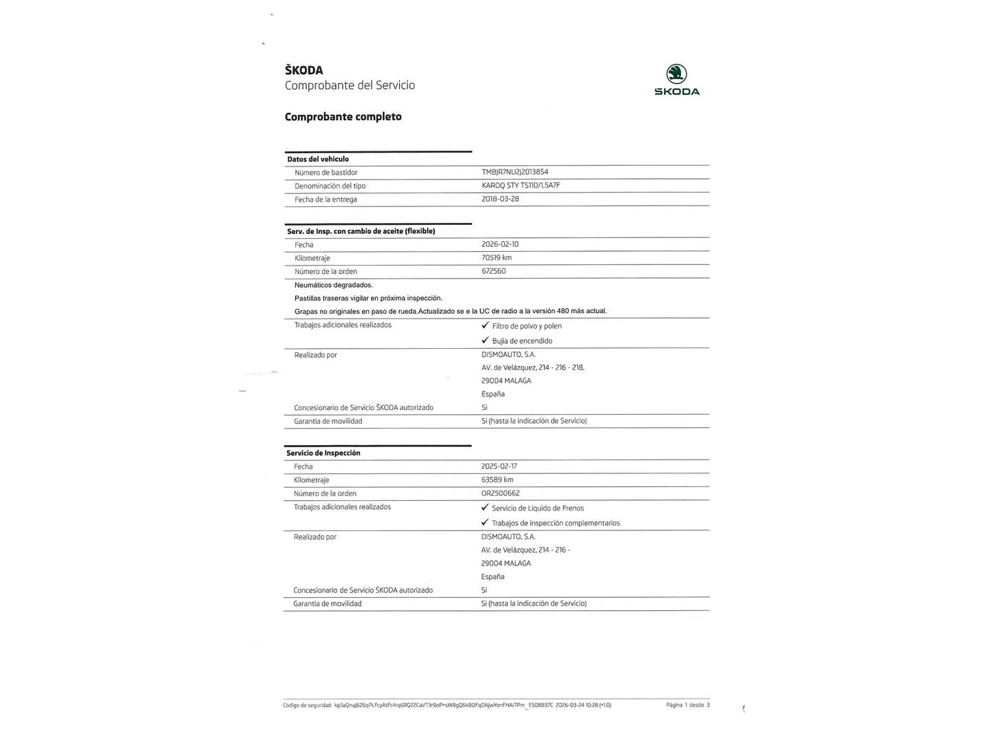 Foto del mantenimiento del Skoda Karoq Skoda Karoq 1.5 TSI ACT Style DSG (150 CV)