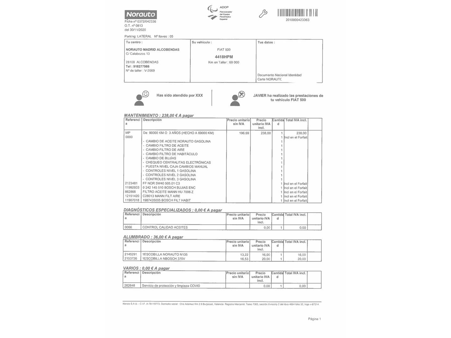 Foto del mantenimiento del Fiat 500 Fiat 500 0.9 Turbo TwinAir Lounge (85 CV)