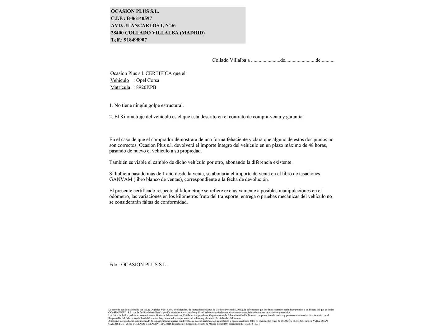 Foto del certificado del Opel Corsa Opel Corsa 1.4 Business (90 CV)