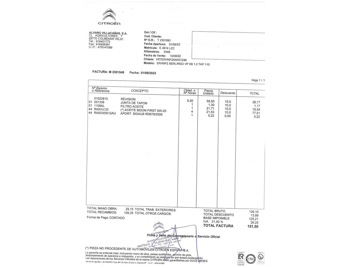 Foto del mantenimiento del Citroën Berlingo Citroën Berlingo PureTech 110 S&S Talla M Feel (110 CV)