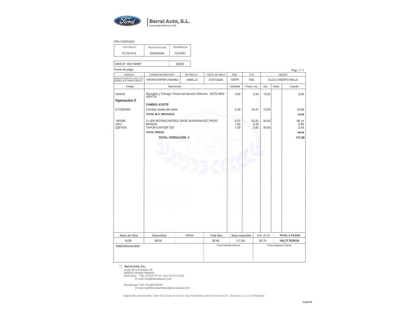 Foto del mantenimiento del Ford Kuga Ford Kuga 2.0 EcoBlue ST-Line X 4x4 Auto (190 CV)
