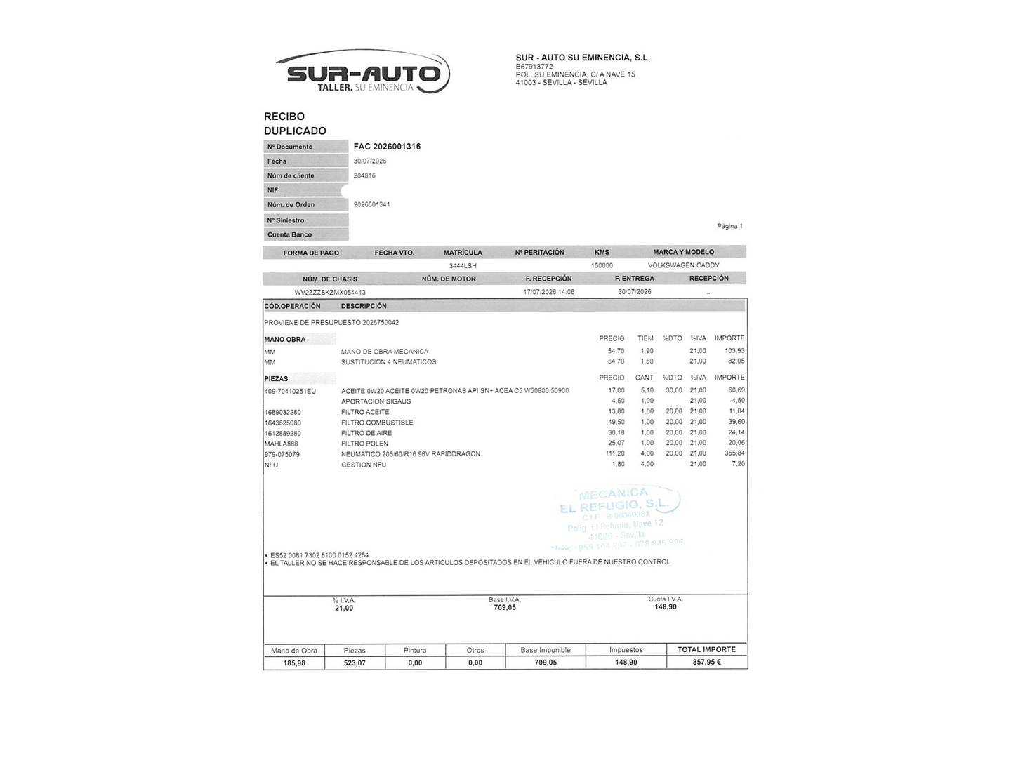 Foto del mantenimiento del Volkswagen Caddy Volkswagen Caddy 2.0 TDI (102 CV)