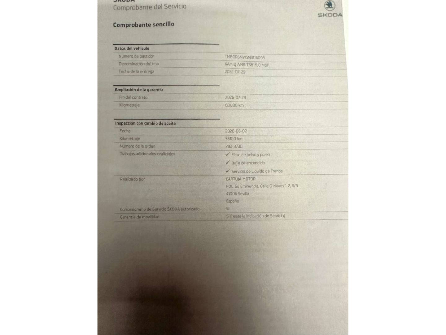 Foto del mantenimiento del Skoda Kamiq Skoda Kamiq 1.0 TSI Emotion  (110 CV)
