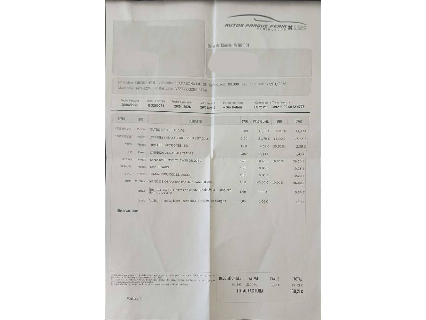 Foto del mantenimiento del Seat Arona Seat Arona 1.0 TSI Ecomotive S&S Style (115 CV)