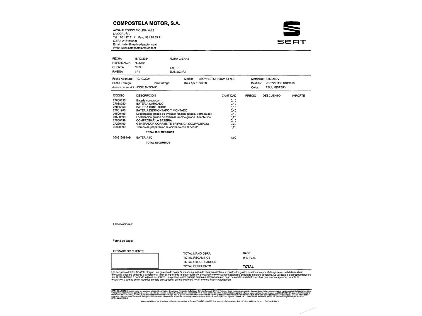 Foto del mantenimiento del Seat León Seat León 1.0 EcoTSI S&S Style Visio Edition (115 CV)