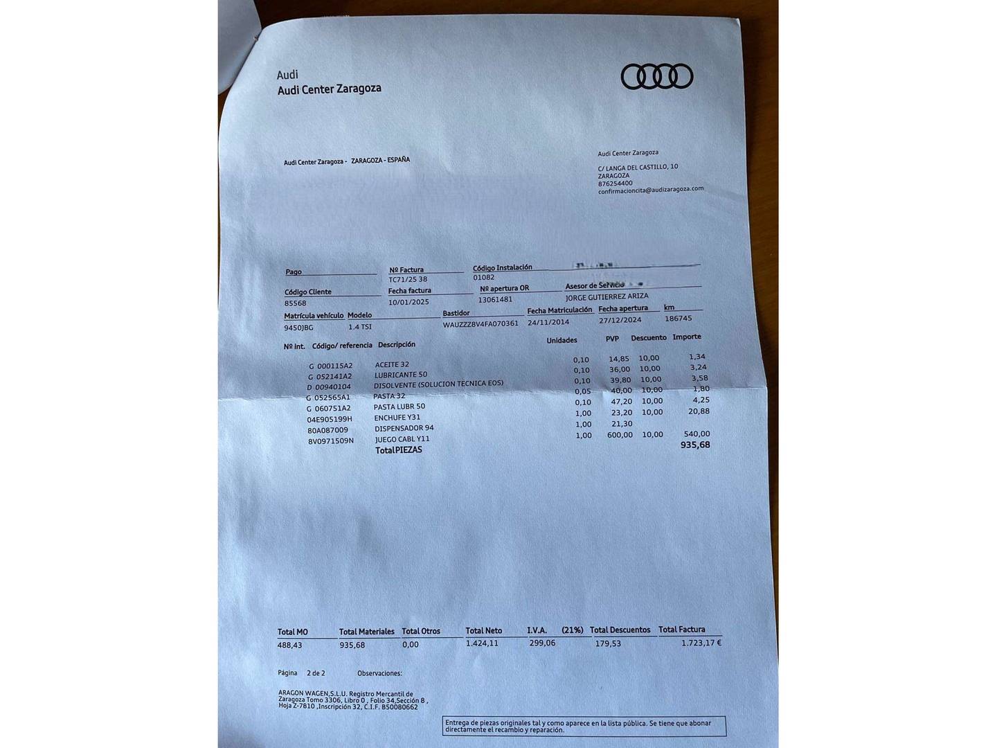 Foto del mantenimiento del Audi A3 Audi A3 Sportback Ambition 1.4 TFSI e-Tron (204 CV) S tronic