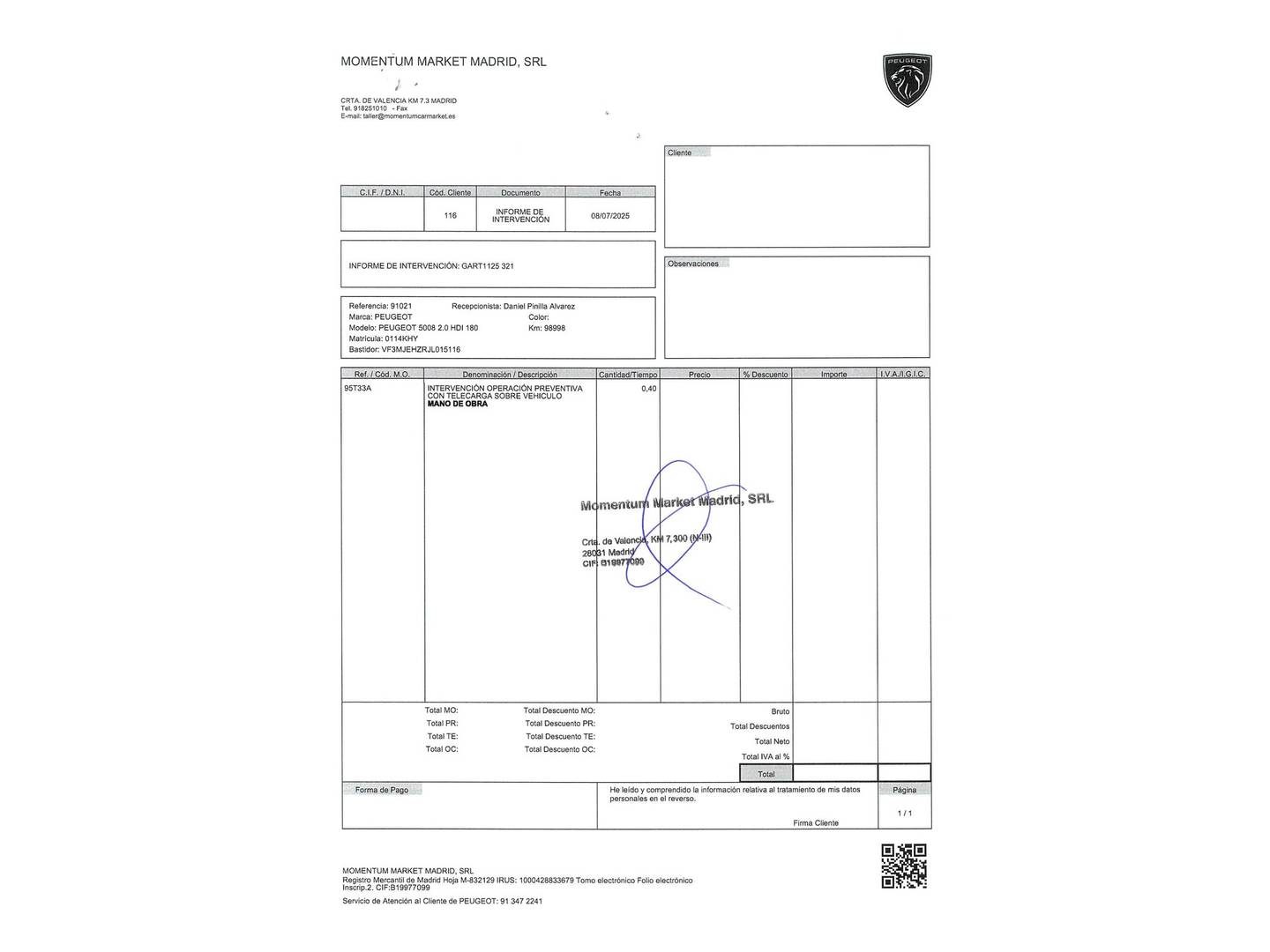 Foto del mantenimiento del Peugeot 5008 Peugeot 5008 BlueHDi 180 S&S GT EAT8 (180 CV) 7 Plazas