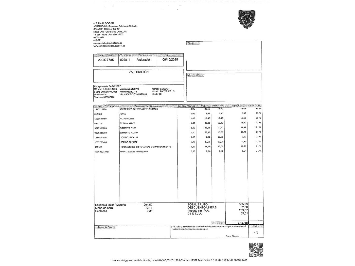 Foto del mantenimiento del Peugeot Rifter Peugeot Rifter BlueHDi 100 GT Business Standard (100 CV)