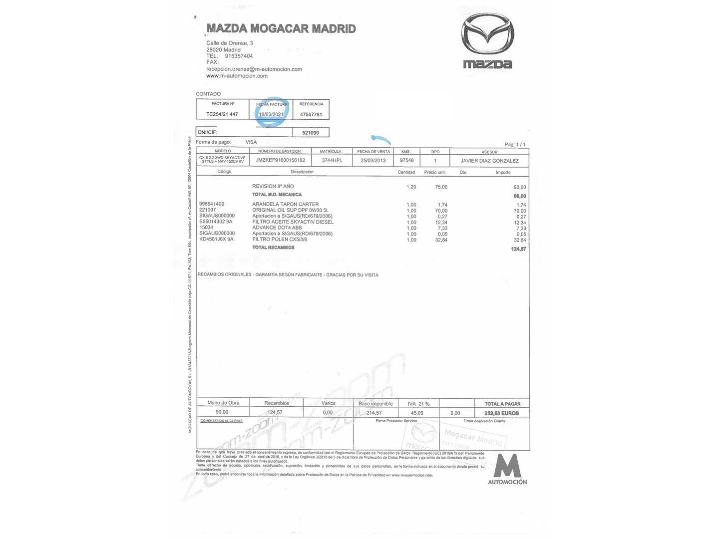 Foto del mantenimiento del Mazda CX-5 Mazda CX-5 2.2 DE Style 2WD (150 CV)