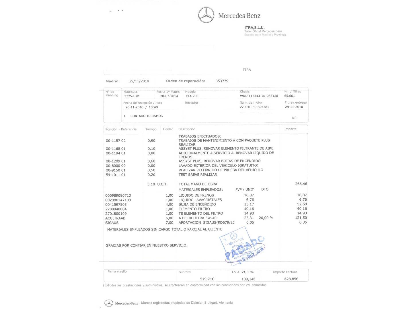 Foto del mantenimiento del Mercedes CLA Mercedes CLA CLA 200 (156 CV)