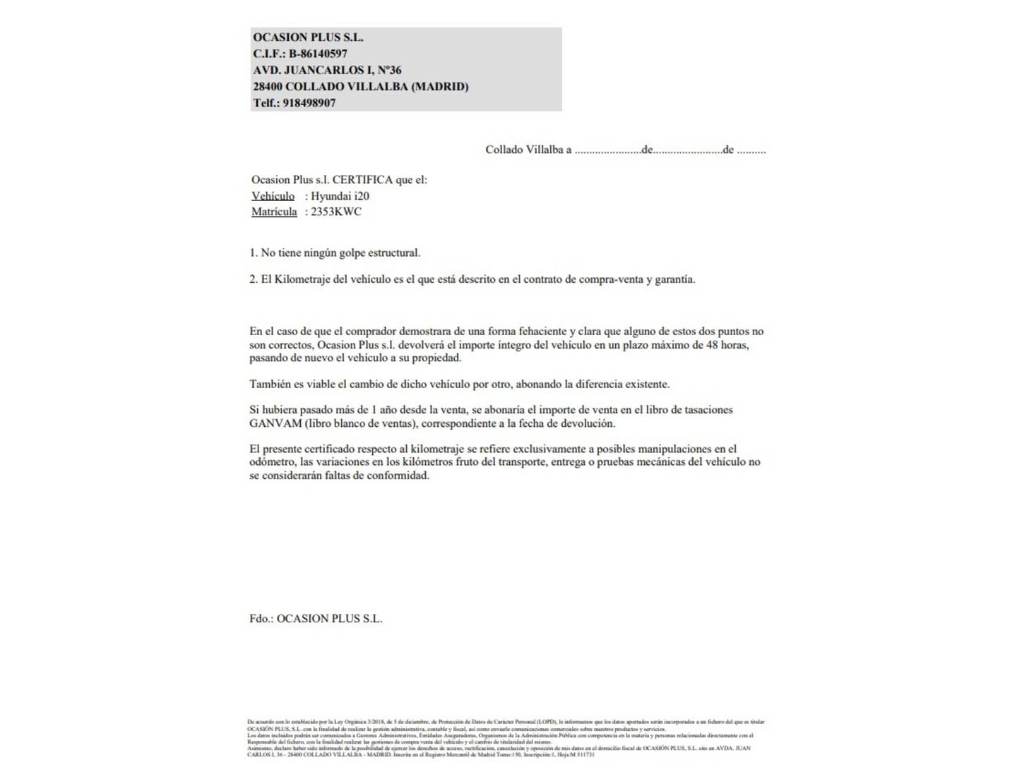 Foto del certificado del Hyundai i20 Hyundai i20 1.2 MPI Essence (75 CV)
