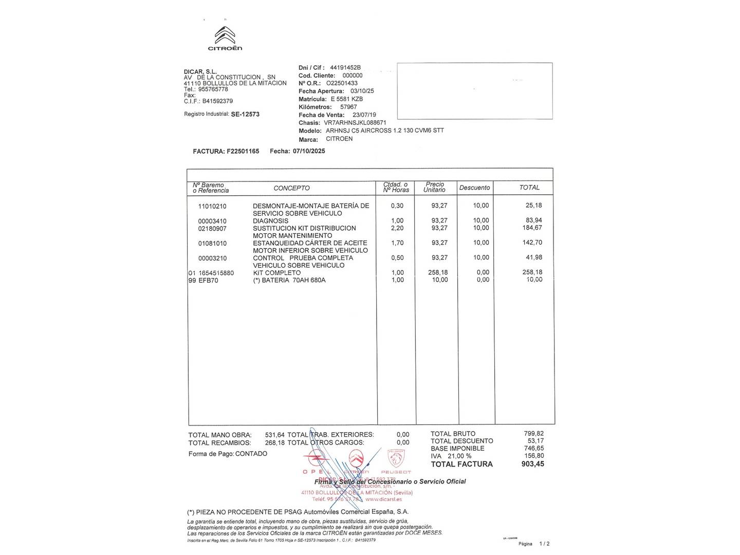 Foto del certificado del Citroën C5 Aircross Citroën C5 Aircross PureTech 130 S&S Feel (131 CV)