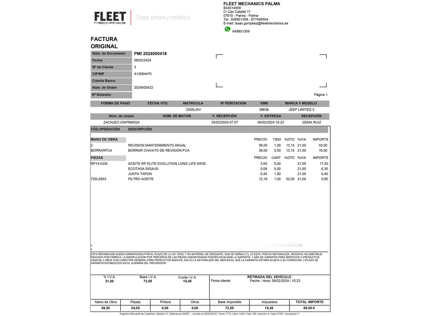 Foto del mantenimiento del Jeep Compass Jeep Compass 1.3 Gse Limited 4x2 FWD(130 CV)