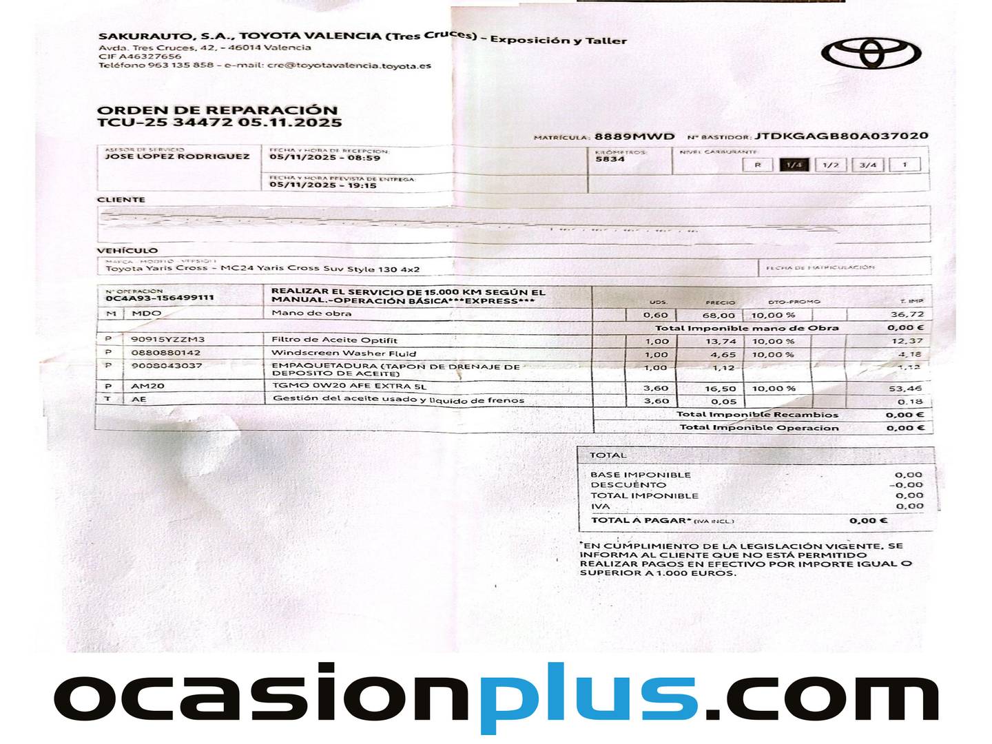Foto del mantenimiento del Toyota Yaris Cross Toyota Yaris Cross 130H Style (130 CV)