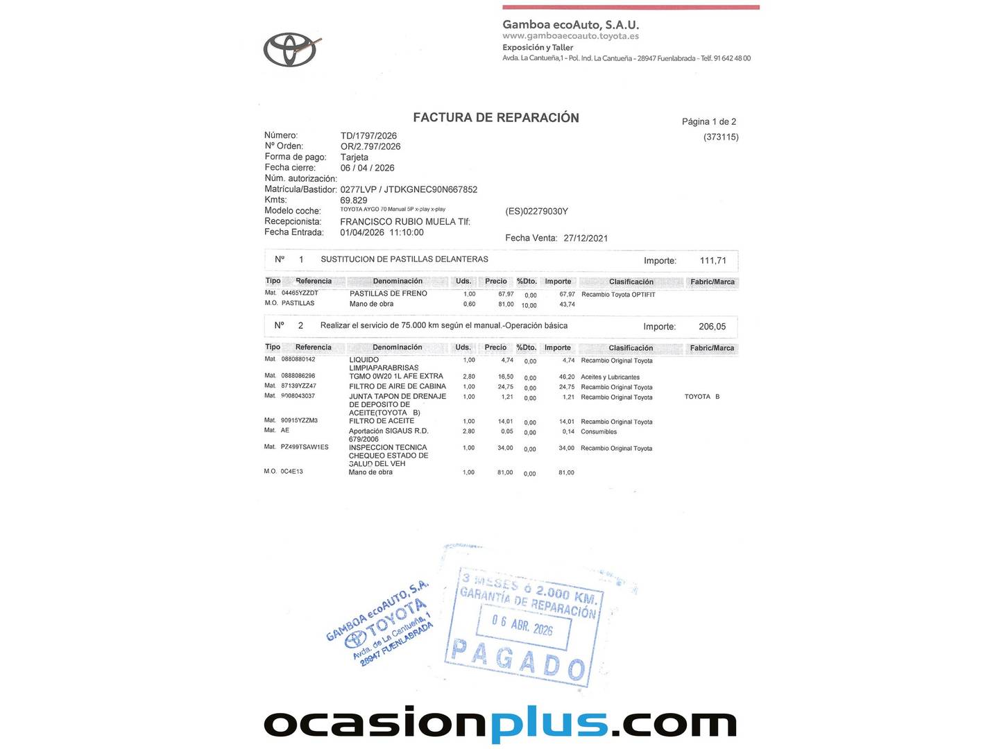 Foto del mantenimiento del Toyota Aygo Toyota Aygo 1.0 70 x-play (72 CV)