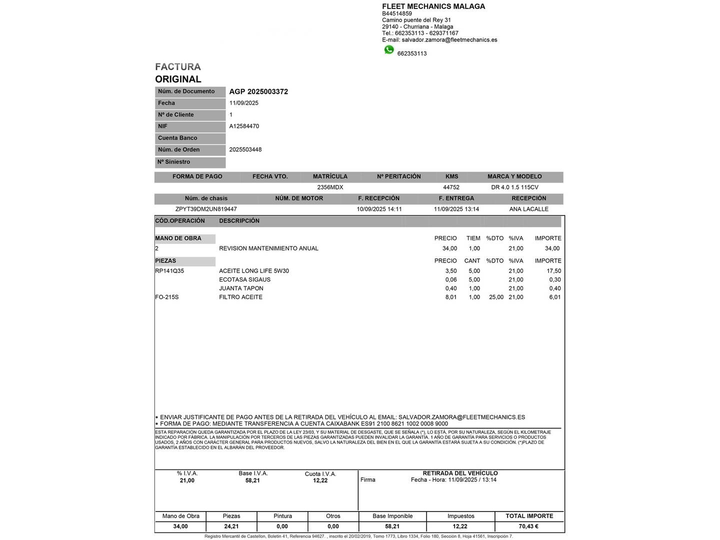 Foto del mantenimiento del DR AUTOMOBILES DR 4.0 DR AUTOMOBILES DR4 1.5 (116 CV)