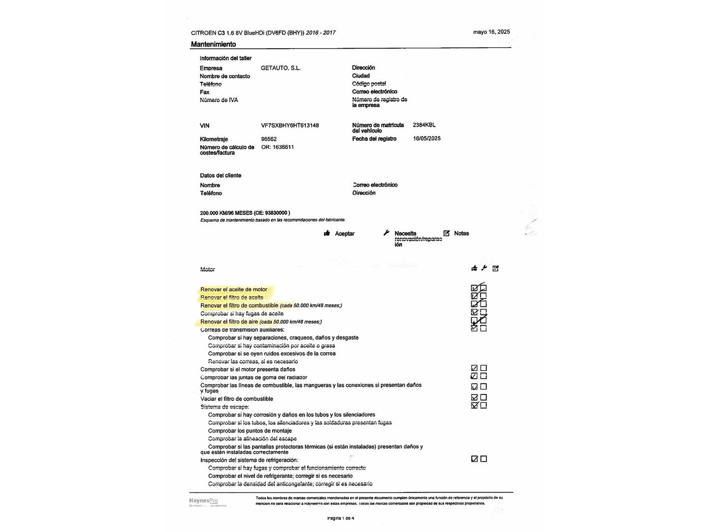 Foto del mantenimiento del Citroën C3 Citroën C3 BlueHDi 100 S&S FEEL (99 CV)