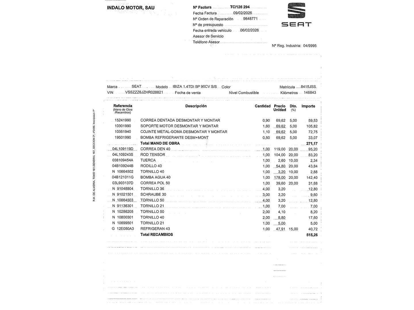 Foto del mantenimiento del Seat Ibiza Seat Ibiza 1.2 TSI Style (90 CV)