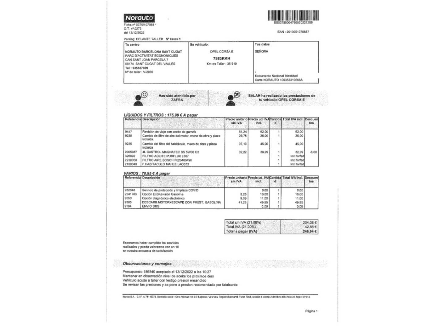 Foto del mantenimiento del Opel Corsa Opel Corsa 1.4 Selective (90 CV)