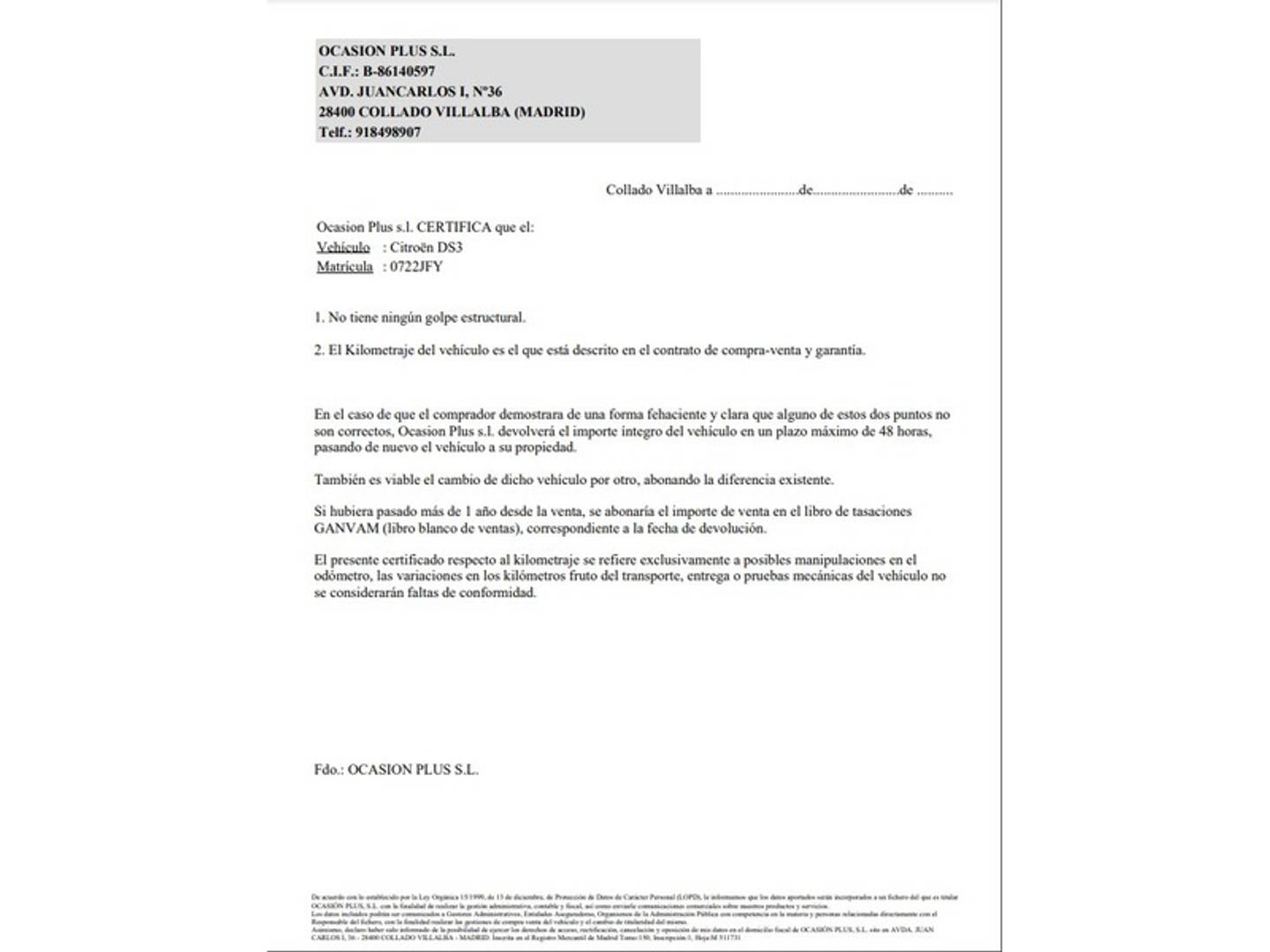Foto del certificado del DS DS 3 DS DS3 PureTech 82 Desire (82 CV)