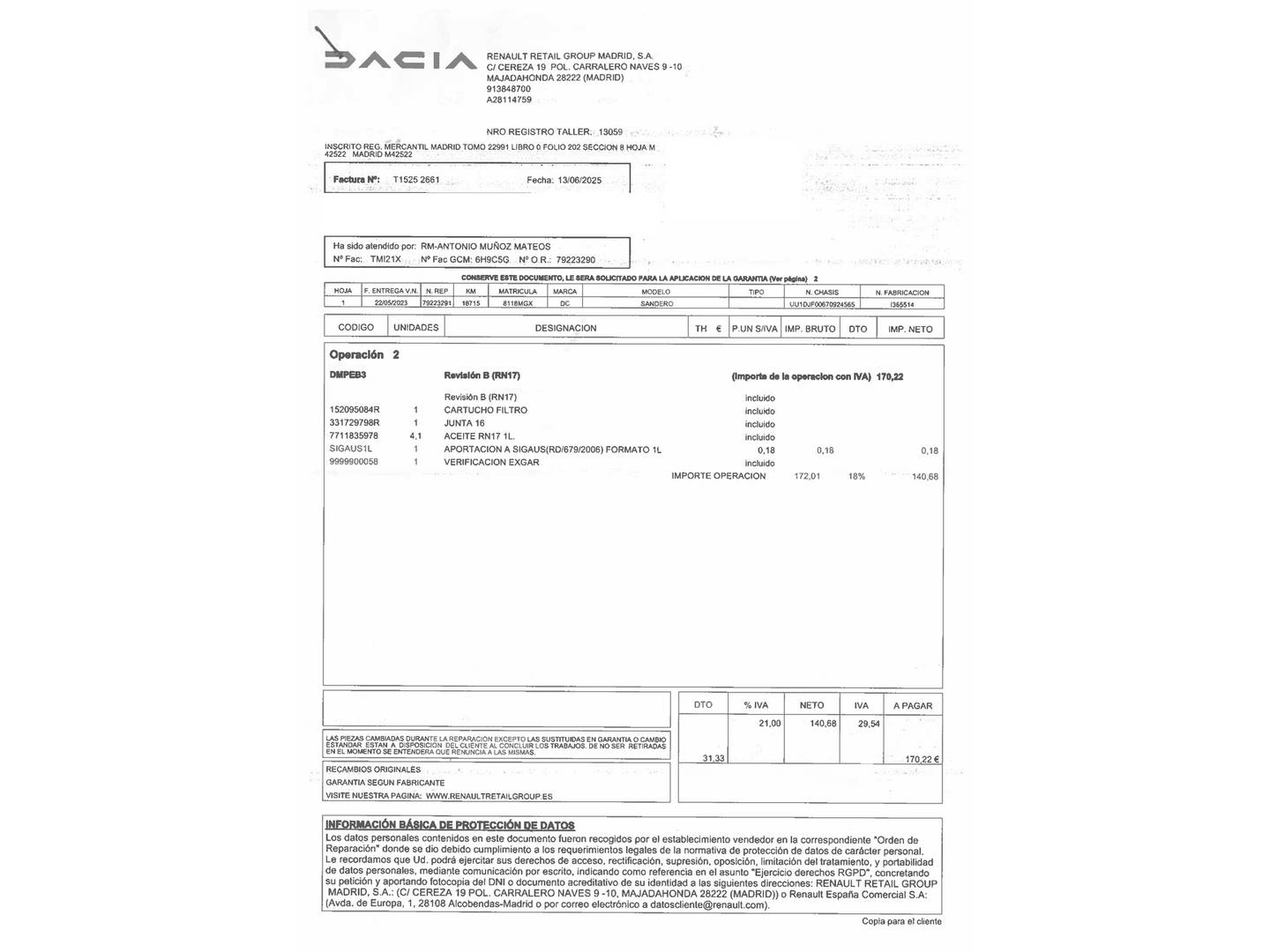Foto del mantenimiento del Dacia Sandero Dacia Sandero Stepway Expression TCe (91 CV) CVT