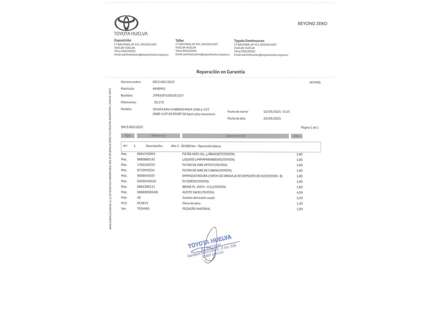 Foto del mantenimiento del Toyota Rav4 Toyota Rav4 2.5 220H GR-Sport Plus 4x4 e-CVT (222 CV)