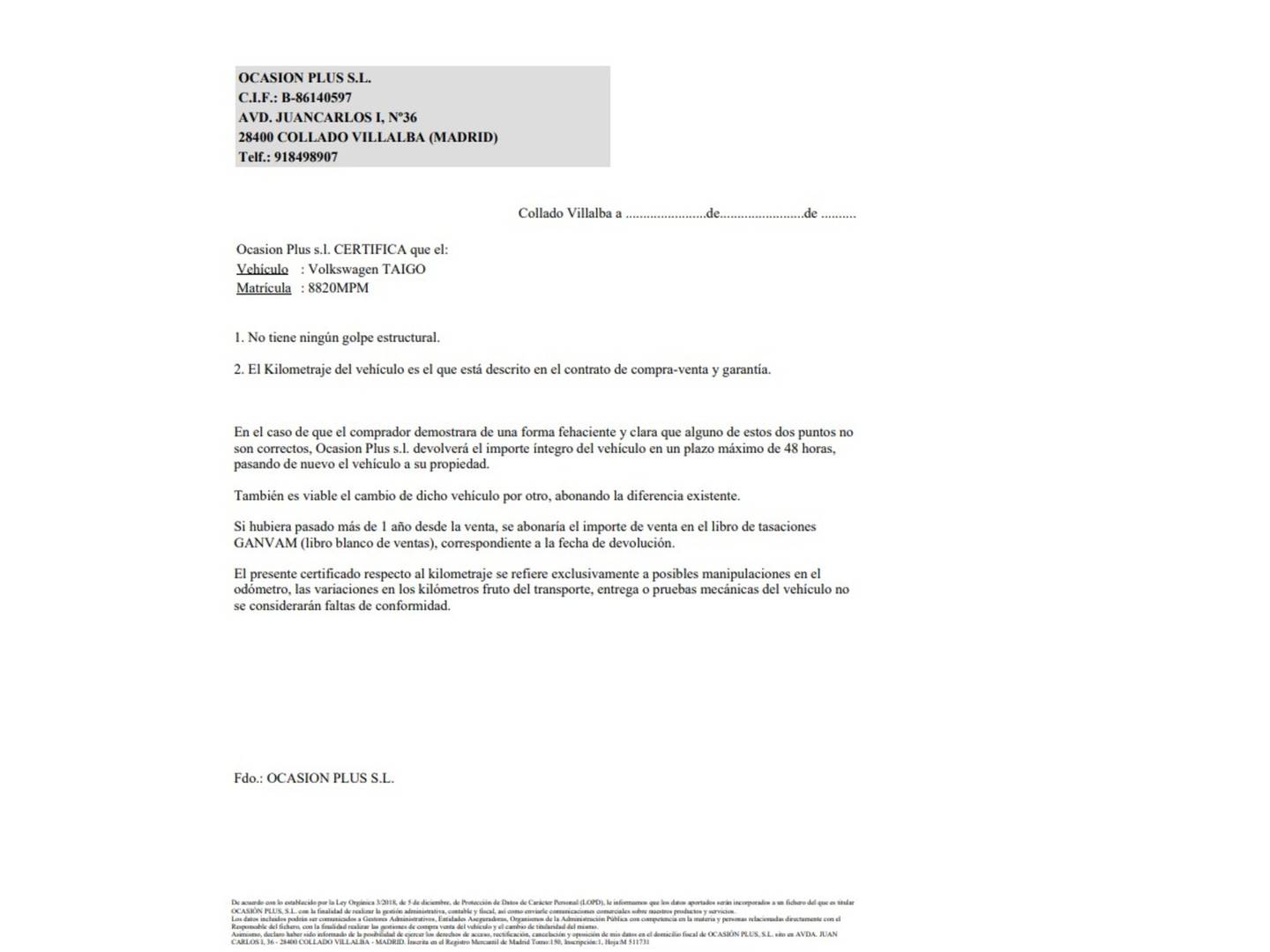 Foto del certificado del Volkswagen Taigo Volkswagen Taigo Life 1.0 TSI (95 CV)