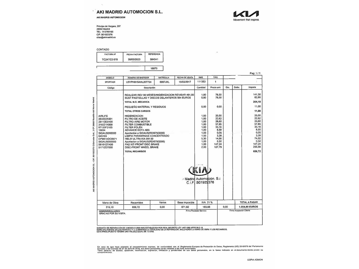 Foto del mantenimiento del KIA Sportage KIA Sportage 1.7 CRDi VGT Eco-Dynamics x-Tech17 4x2 (115 CV)