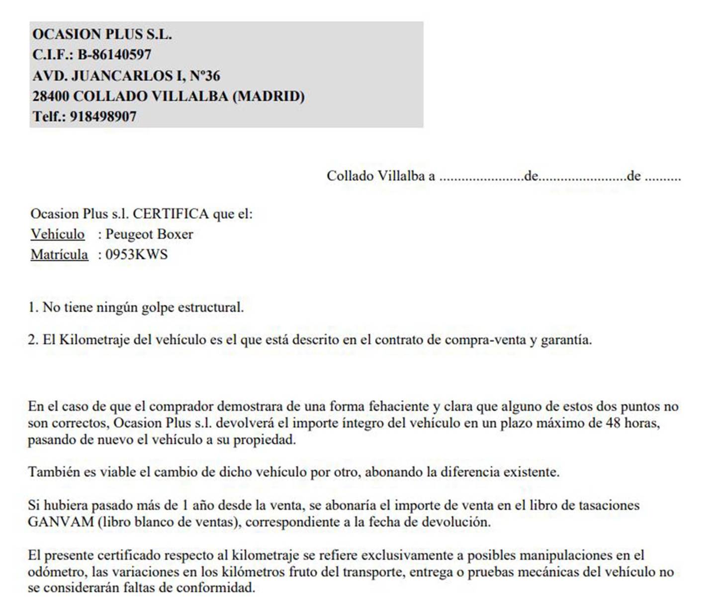 Foto del certificado del Peugeot Boxer Peugeot Boxer Furgon BlueHDi 130 Pack 335 L3H2 (130 CV) Camperizada 4 Plazas