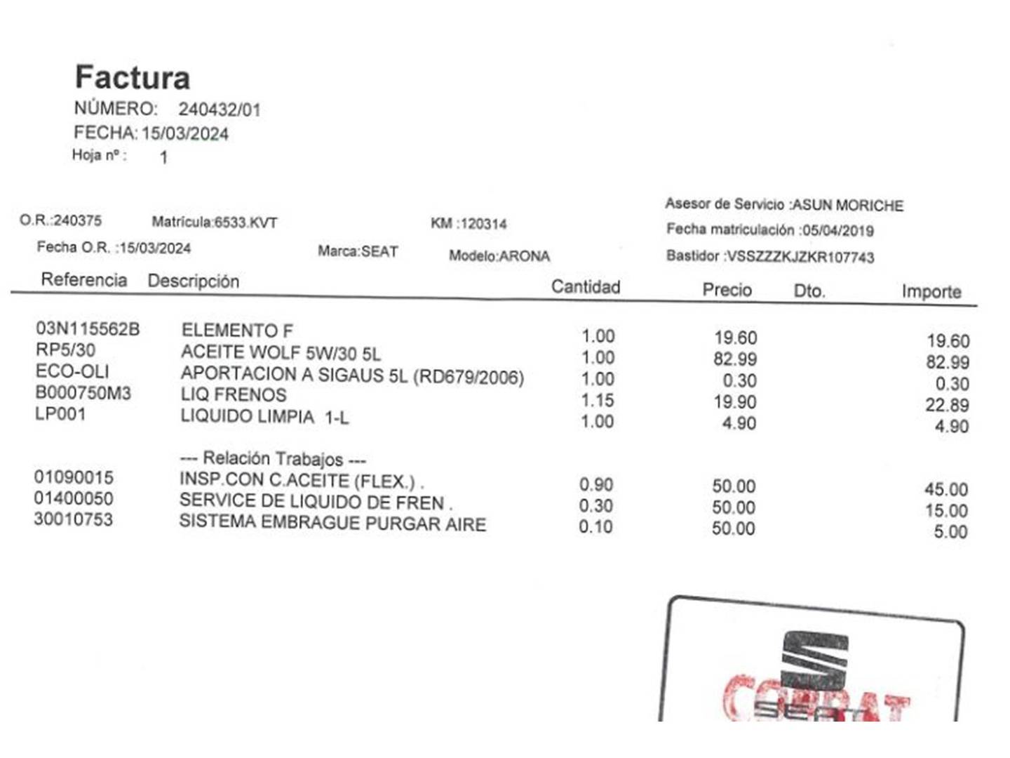 Foto del mantenimiento del Seat Arona Seat Arona 1.6 TDI S&S Style (115 CV)