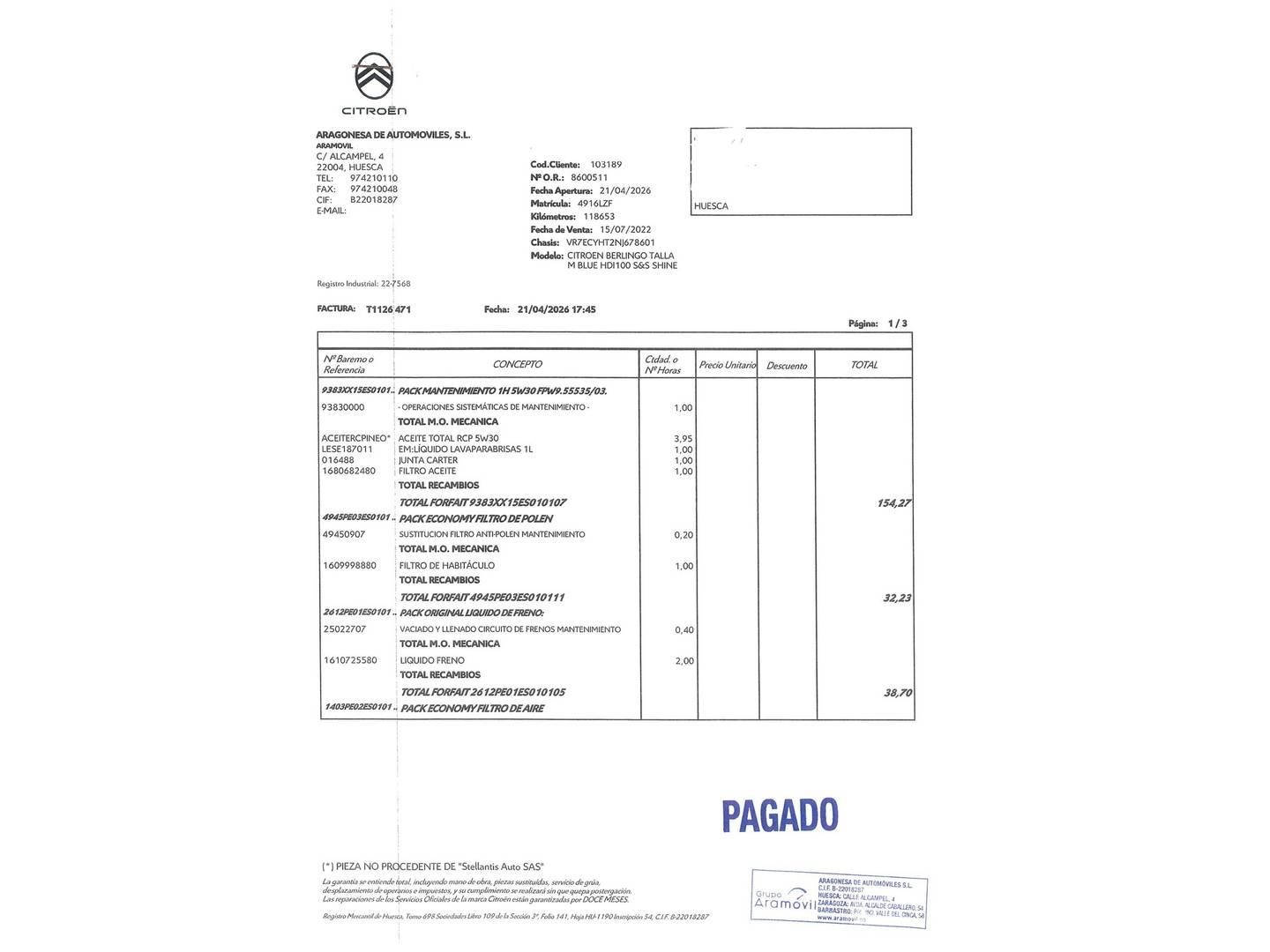 Foto del mantenimiento del Citroën Berlingo Citroën Berlingo BlueHDi 100 S&S Talla M Shine (102 CV)