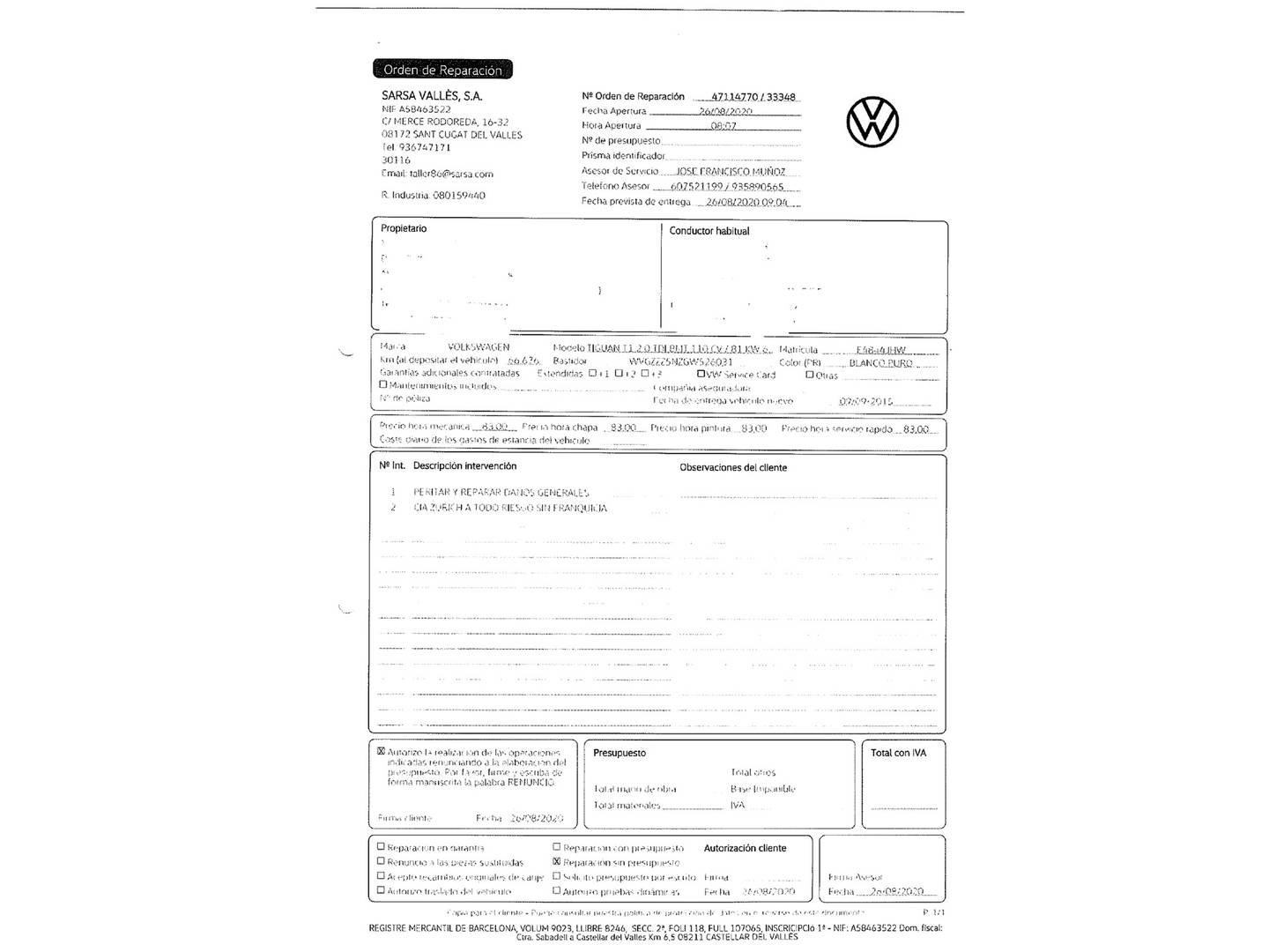 Foto del mantenimiento del Volkswagen Tiguan Volkswagen Tiguan T1 2.0 TDI BMT 4x2 (110 CV)