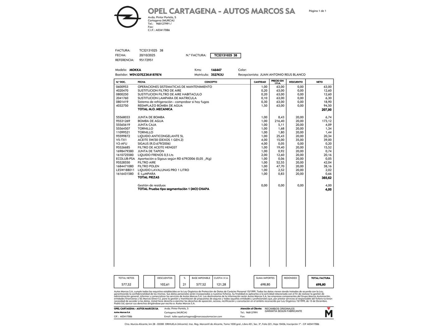 Foto del mantenimiento del Opel Mokka X Opel Mokka X 1.4 Turbo GLP Innovation 4X2 (140 CV)