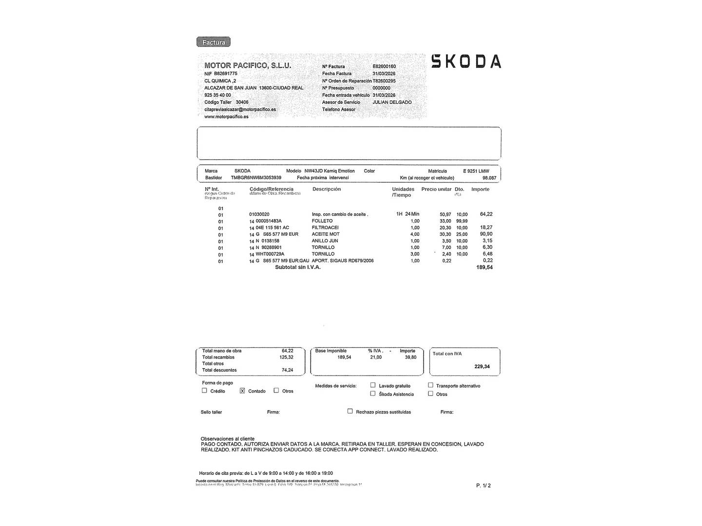 Foto del mantenimiento del Skoda Kamiq Skoda Kamiq 1.0 TSI Ambition DSG (110 CV)