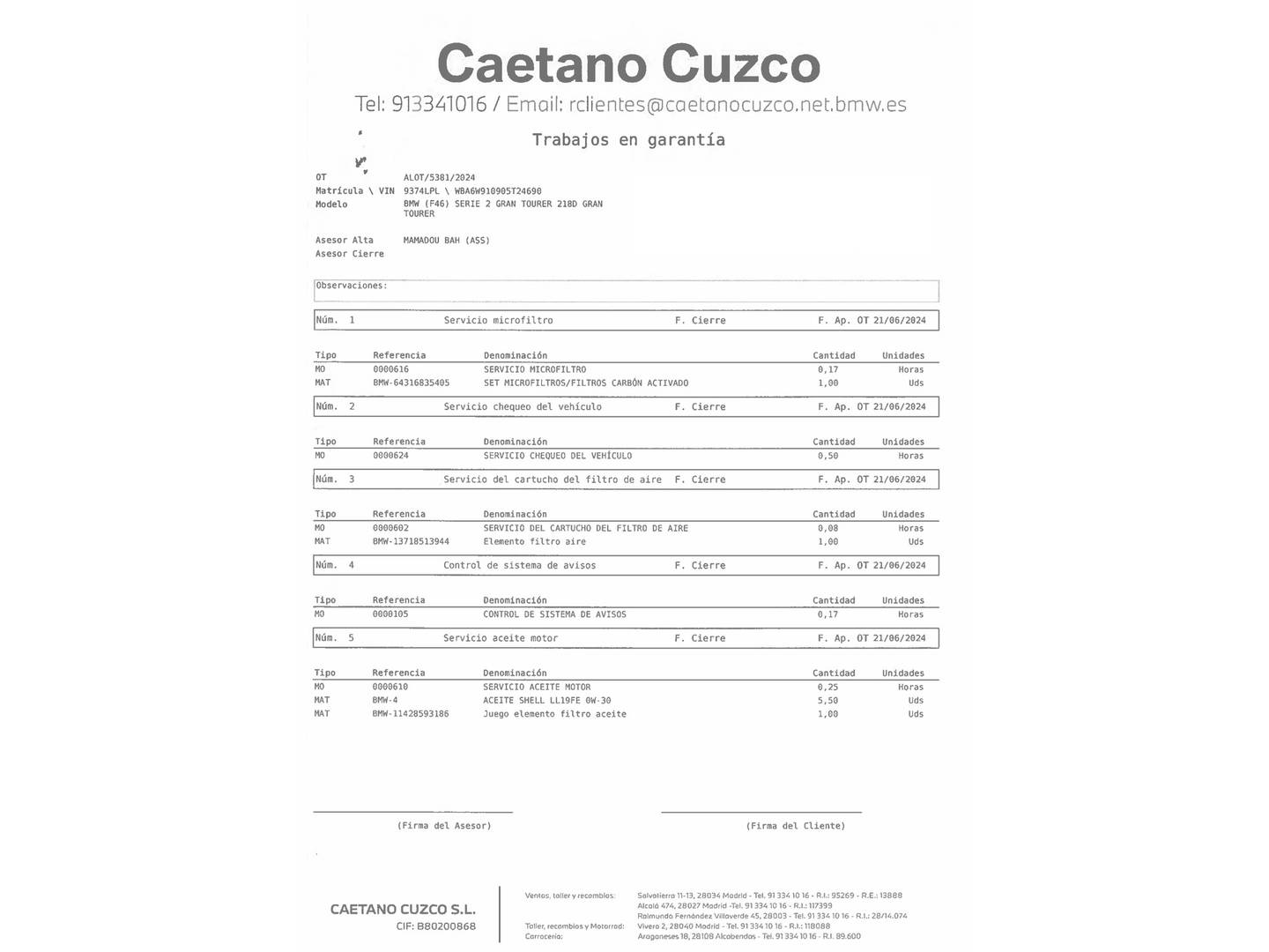 Foto del mantenimiento del BMW Serie 2 Gran Tourer BMW Serie 2 218d Gran Tourer (150 CV) 7 Plazas