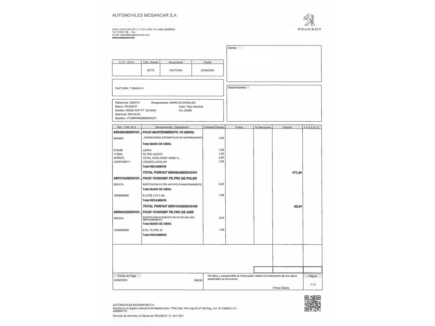 Foto del mantenimiento del Peugeot 5008 Peugeot 5008 PureTech 130 S&S Active Pack (130 CV) 7 Plazas