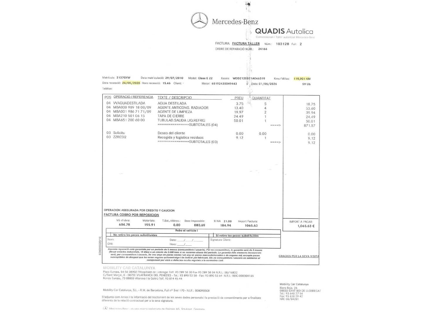 Foto del mantenimiento del Mercedes Clase E Mercedes Clase E E 220 CDI Blue Efficiency Avantgarde (170 CV) Pack AMG
