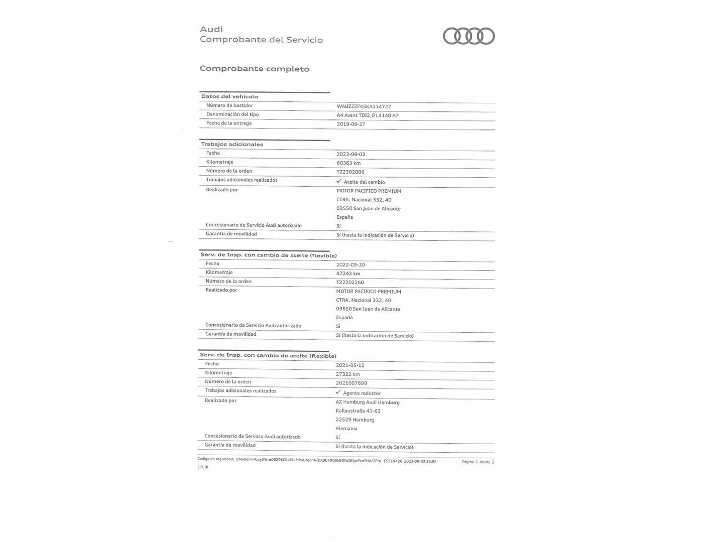 Foto del mantenimiento del Audi A4 Audi A4 Avant Advanced 40 TDI (190 CV) S tronic