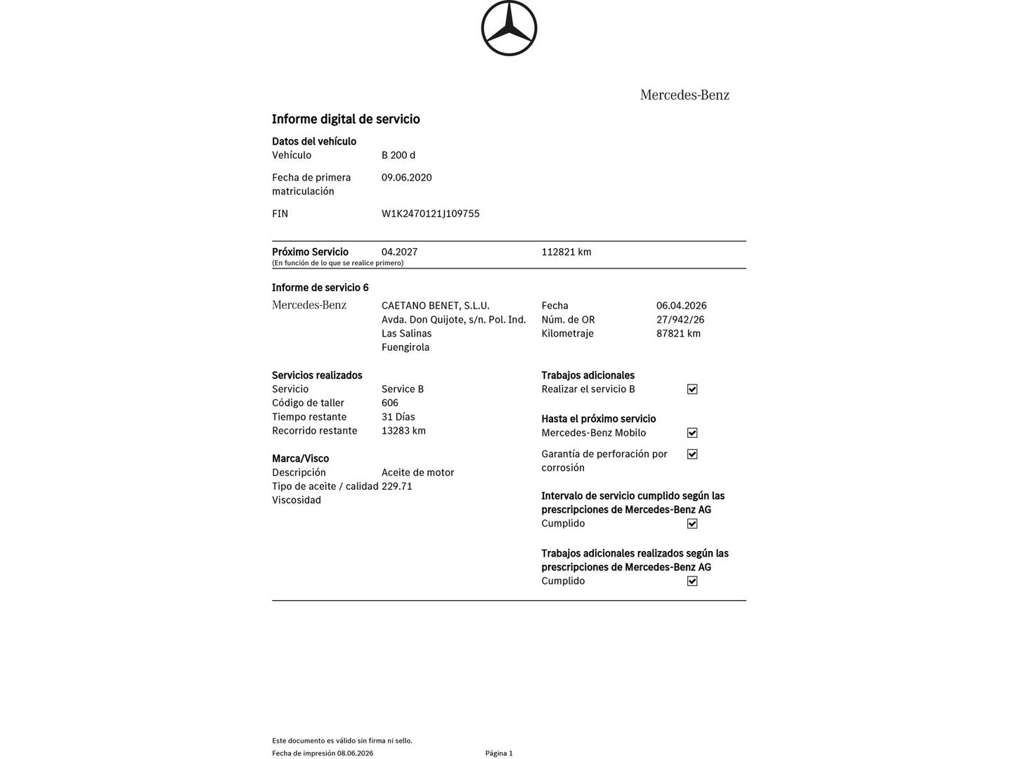 Foto del mantenimiento del Mercedes Clase B Mercedes Clase B Clase B 200 d (150 CV) Pack AMG