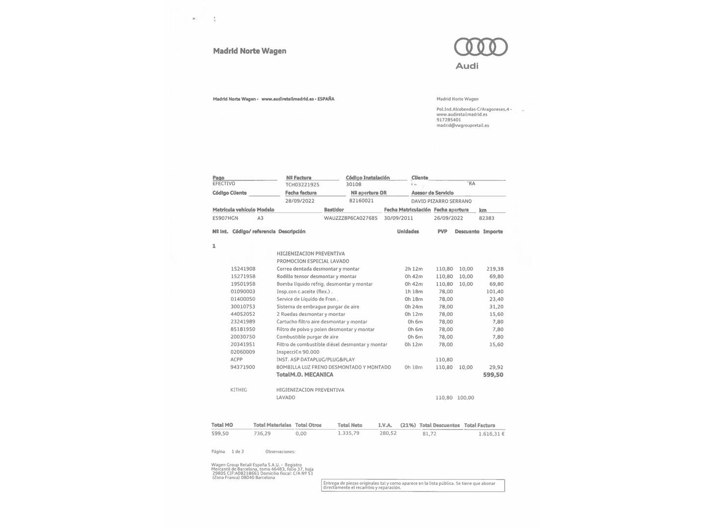 Foto del mantenimiento del Audi A3 Audi A3 Sportback Attraction 1.6 TDI (105 CV)