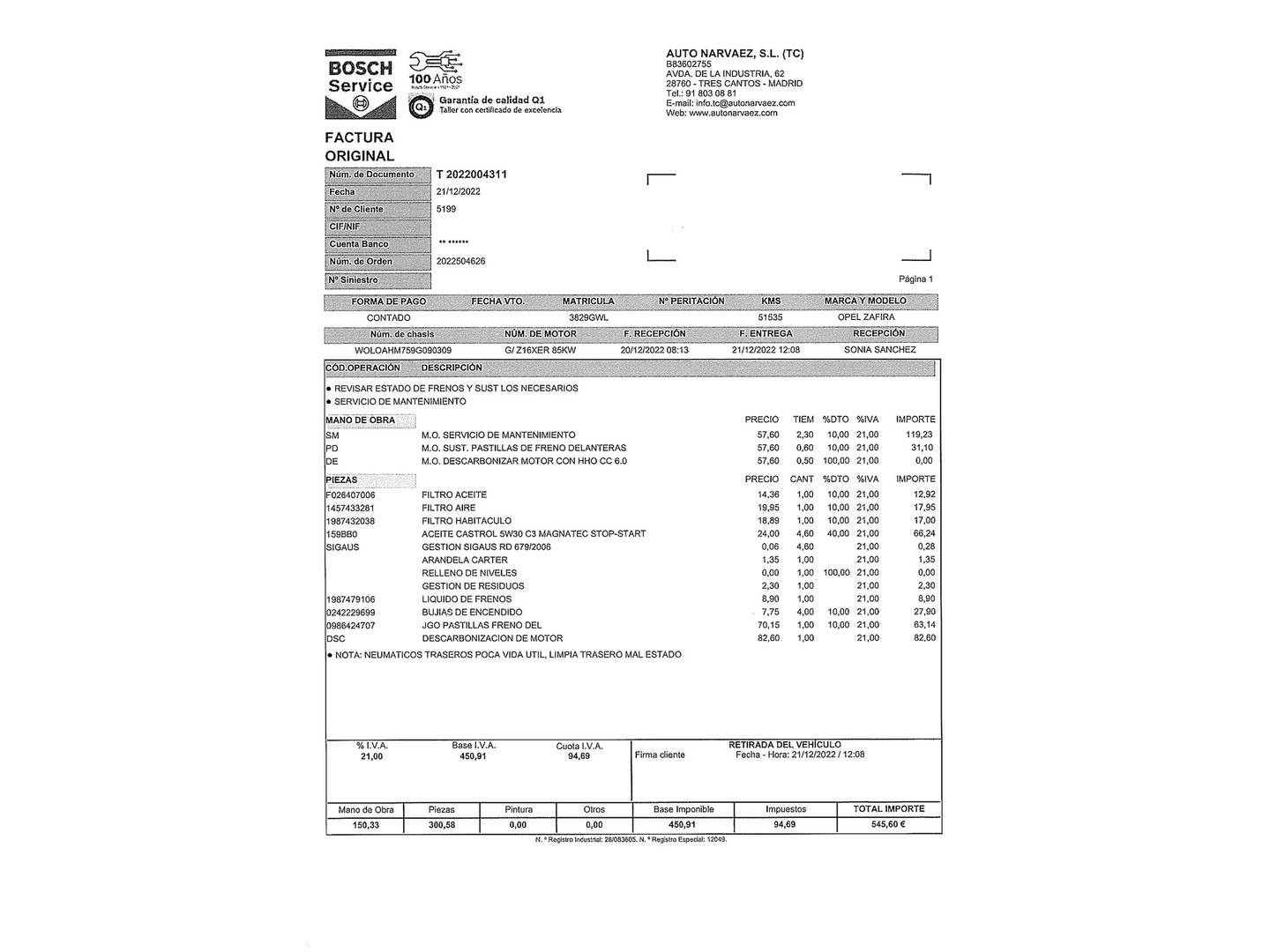 Foto del mantenimiento del Opel Zafira Opel Zafira 1.6 16v Essentia (115 CV) 7 Plazas