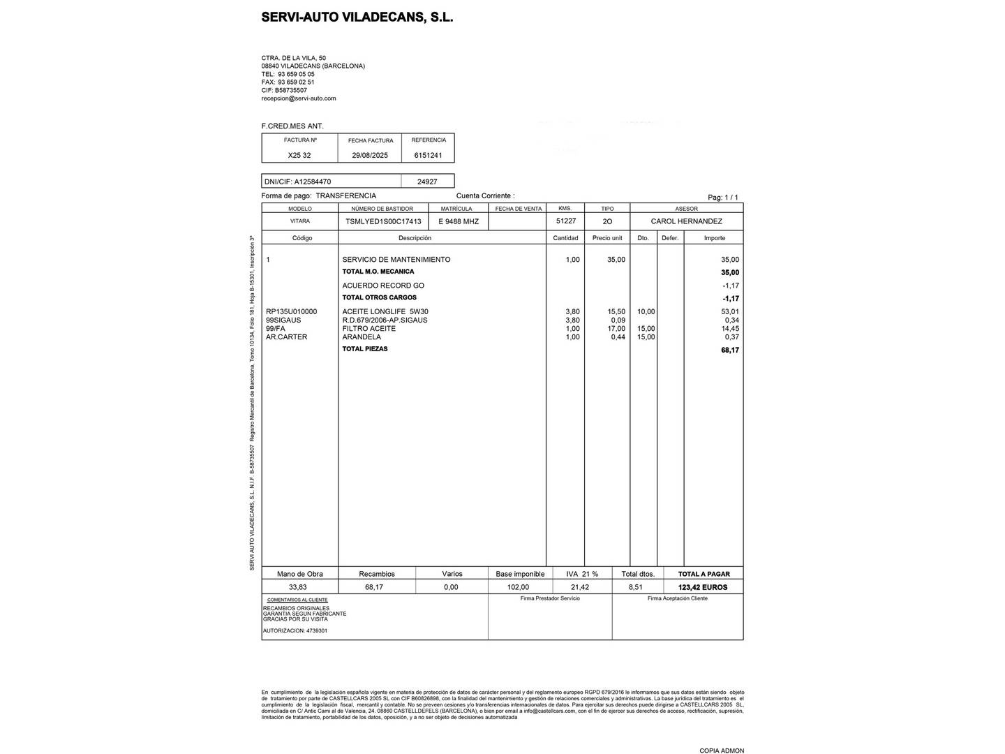 Foto del mantenimiento del Suzuki Vitara Suzuki Vitara 1.4 T Mild Hybrid GLE 4WD (129 CV)