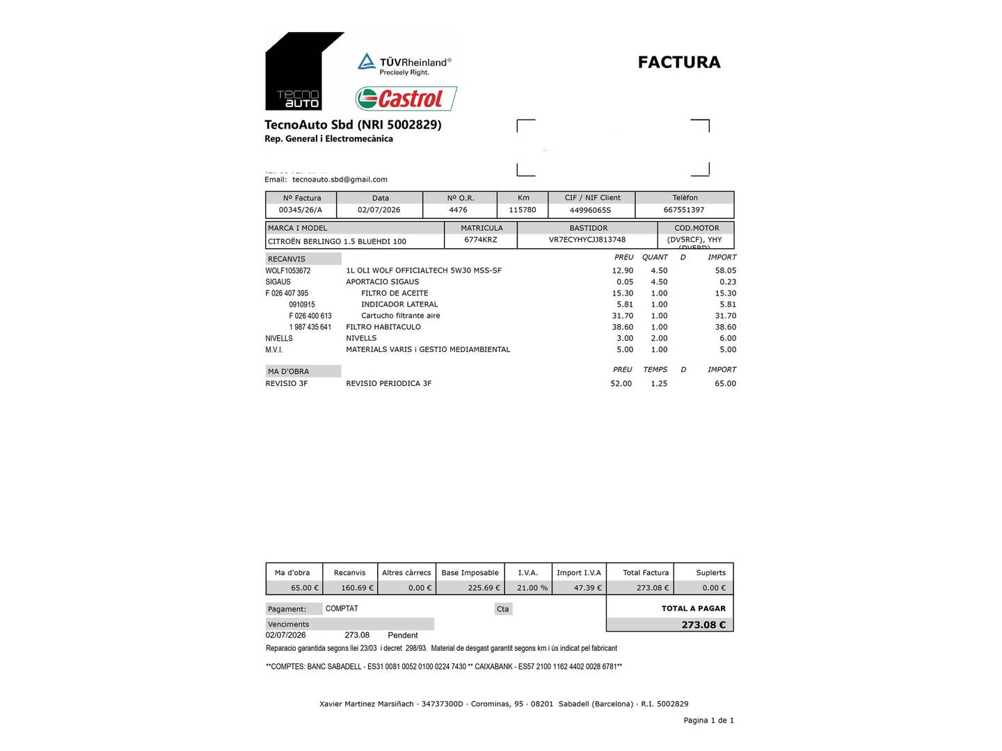 Foto del mantenimiento del Citroën Berlingo Citroën Berlingo BlueHDi 100 S&S Talla M Shine (102 CV)