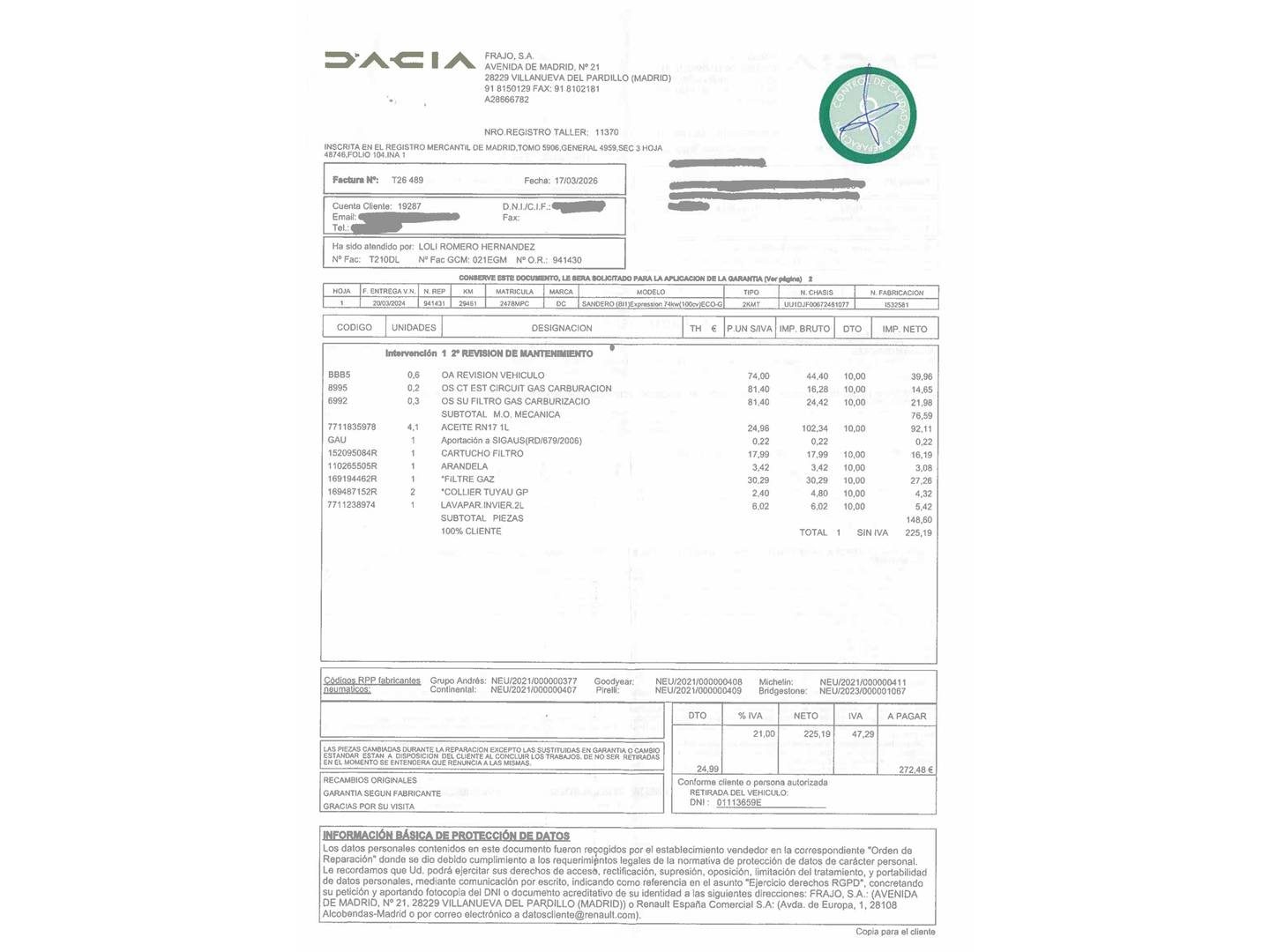 Foto del mantenimiento del Dacia Sandero Dacia Sandero Expression ECO-G (100 CV)