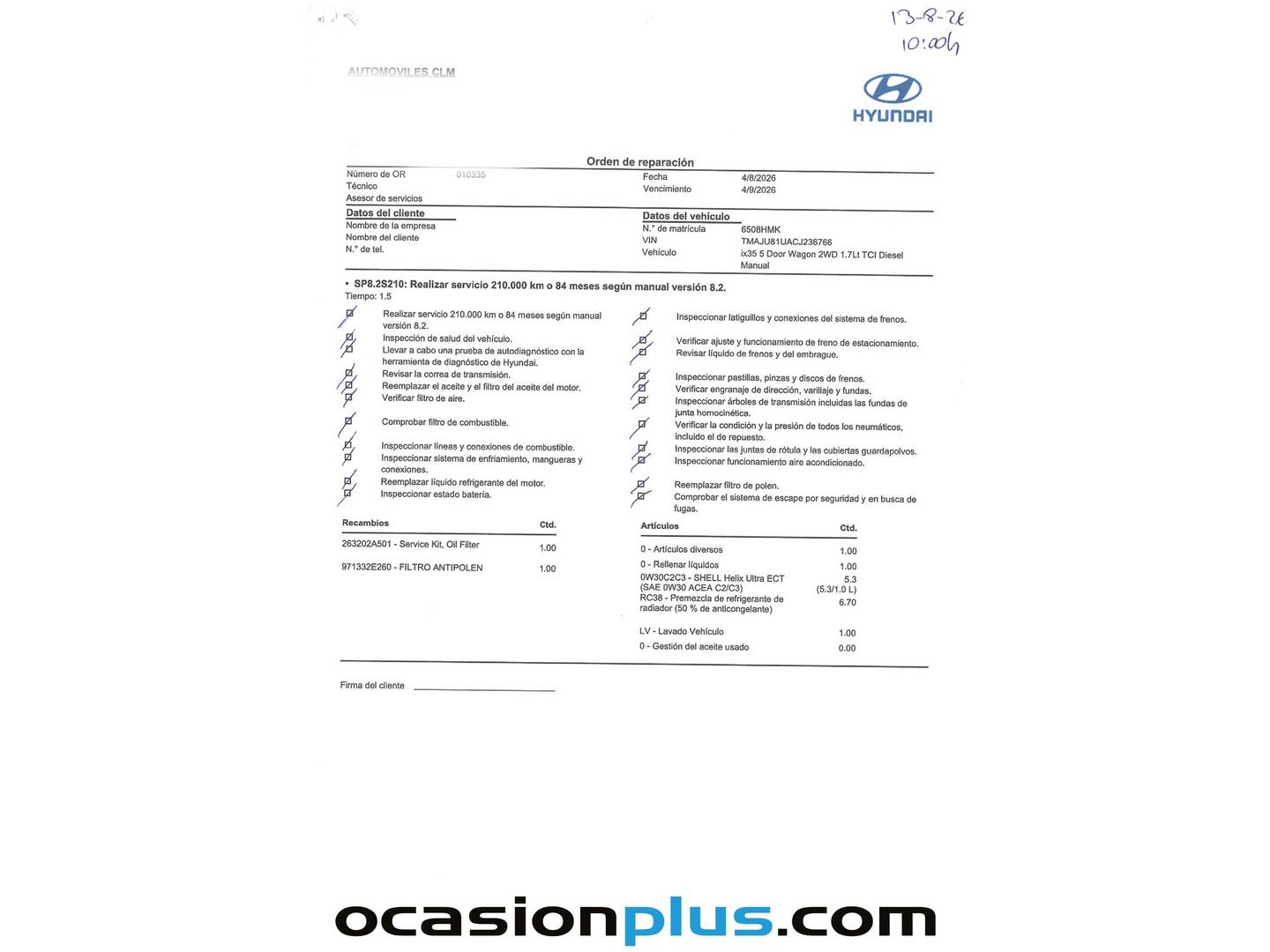 Foto del mantenimiento del Hyundai ix35 Hyundai ix35 1.7 CRDI GLS Comfort Sky 4x2 (116 CV)
