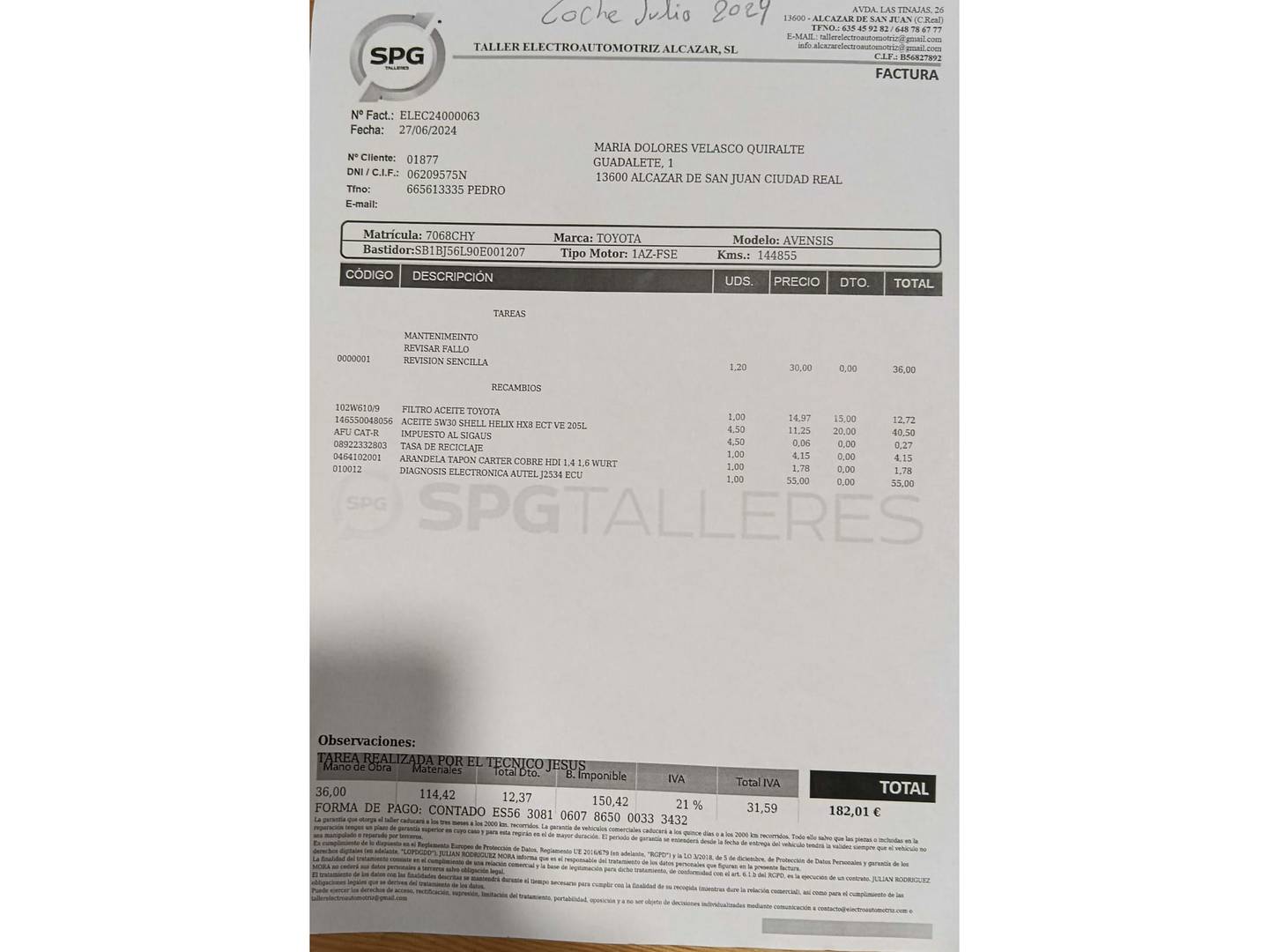 Foto del mantenimiento del Toyota Avensis Toyota Avensis 2.0 VVT-I Executive (147 CV)