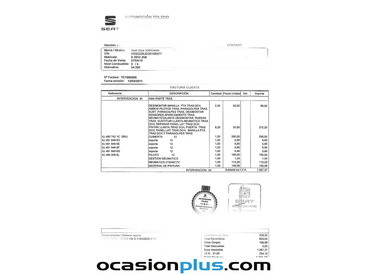Foto del mantenimiento del Seat Ibiza Seat Ibiza 1.5 TSI FR XL DSG (150 CV)