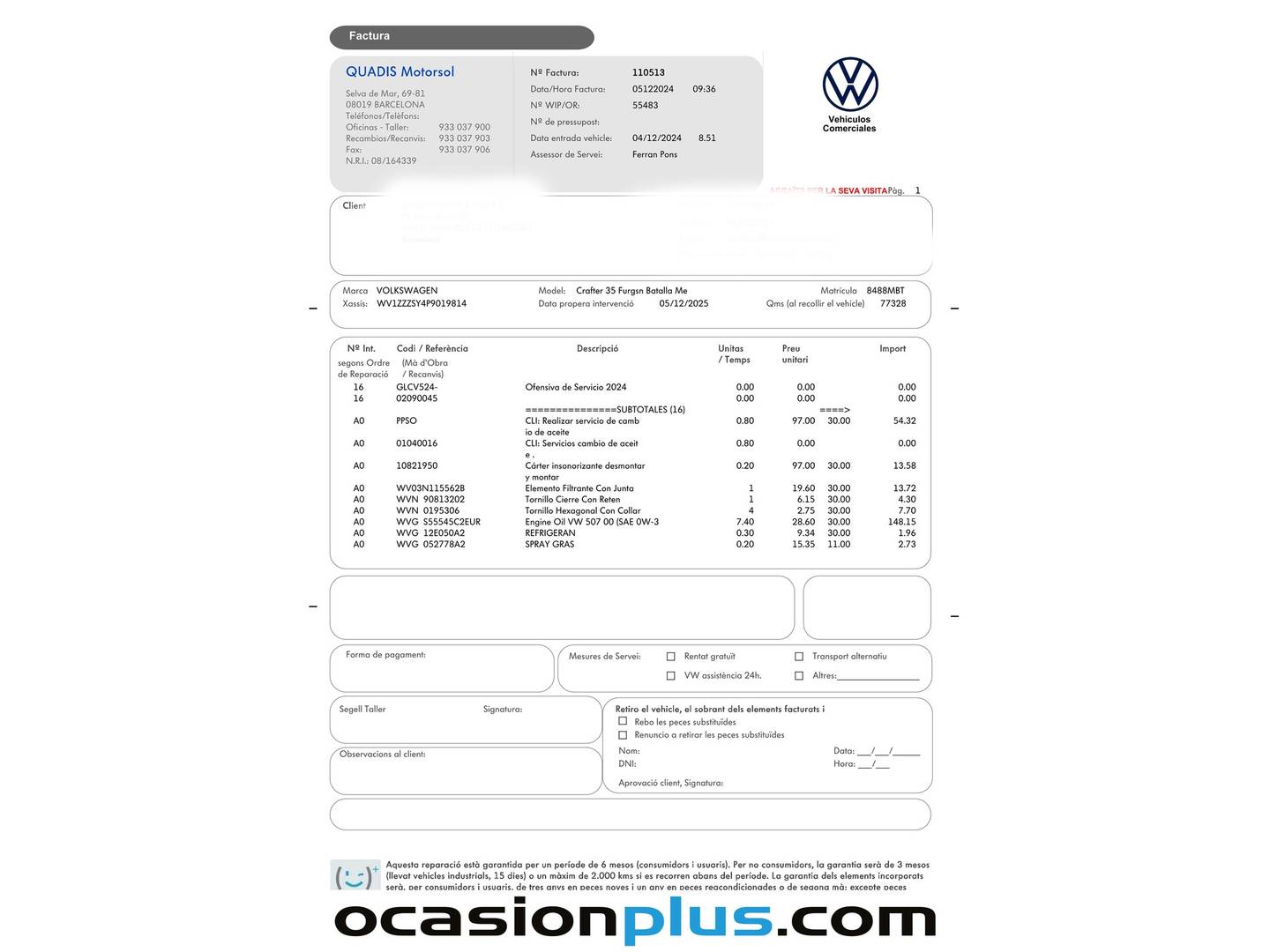 Foto del mantenimiento del Volkswagen Crafter Volkswagen Crafter Furgon Batalla Media TN 2.0 TDI (102 CV) 3.500